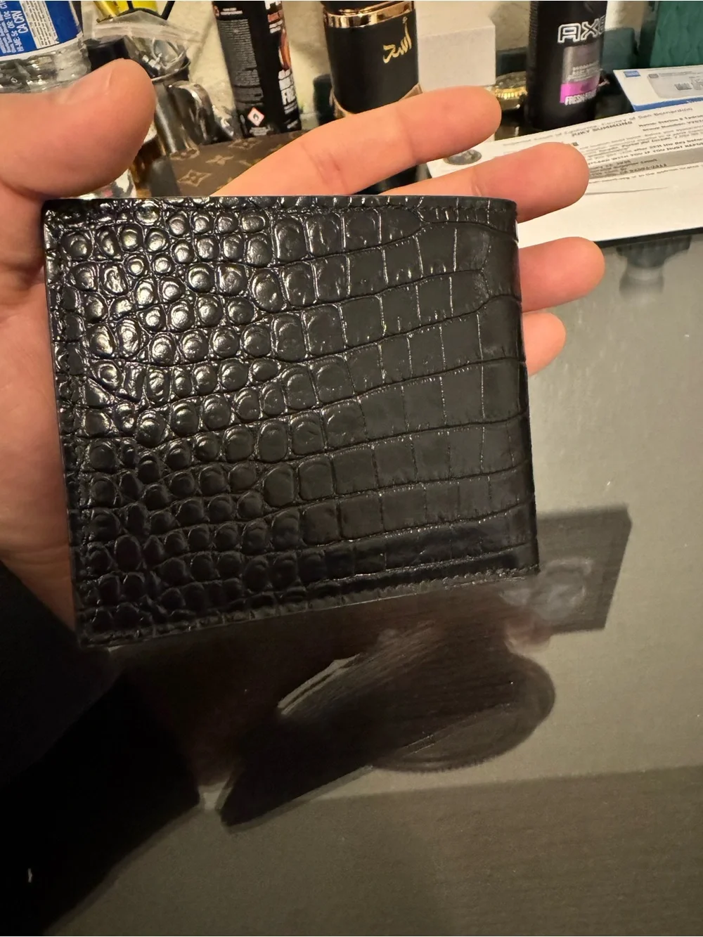 Tom Ford Black Croc-Effect Leather Card Holder with Gold TF Logo